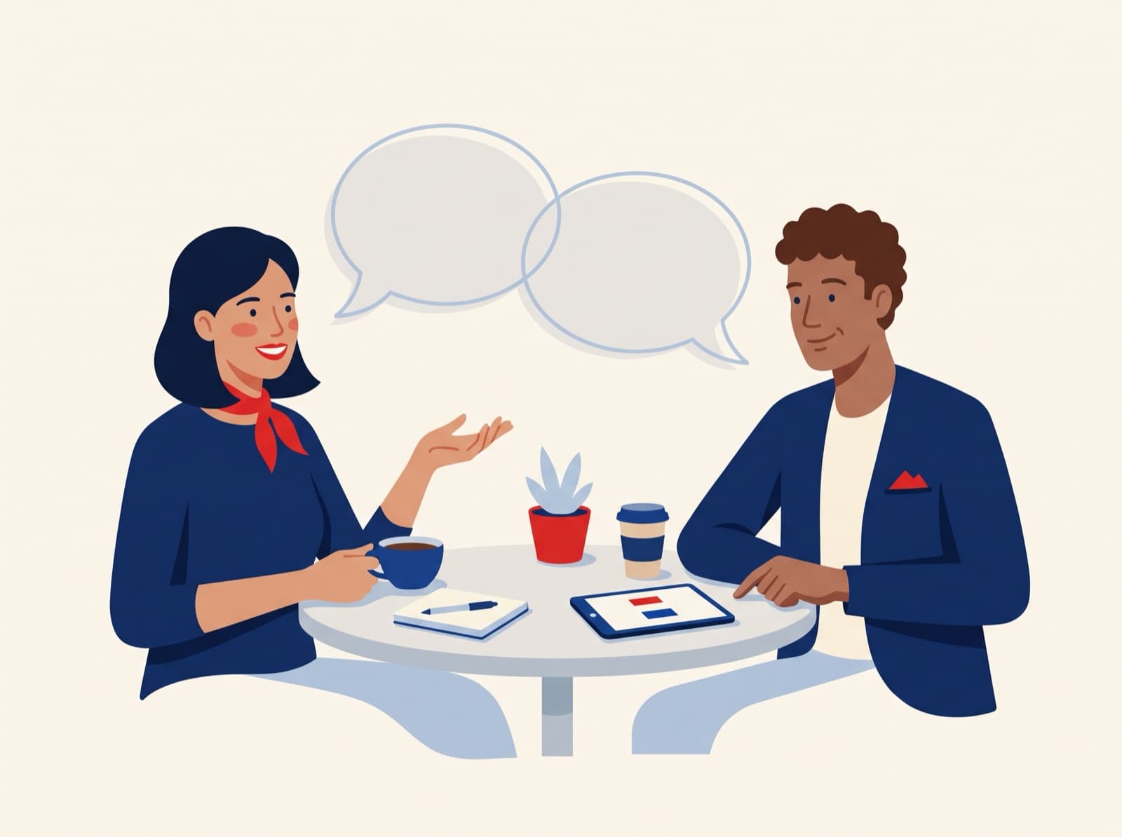 Illustration of two adults having a French conversation lesson over coffee