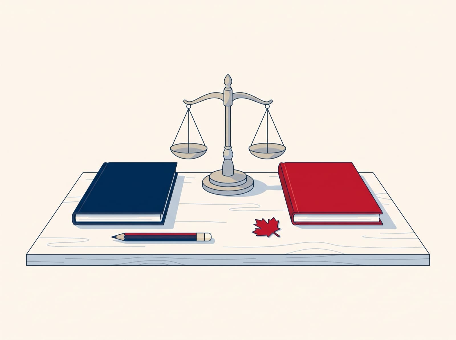 Illustration of a navy and a red exam booklet on either side of a balance scale